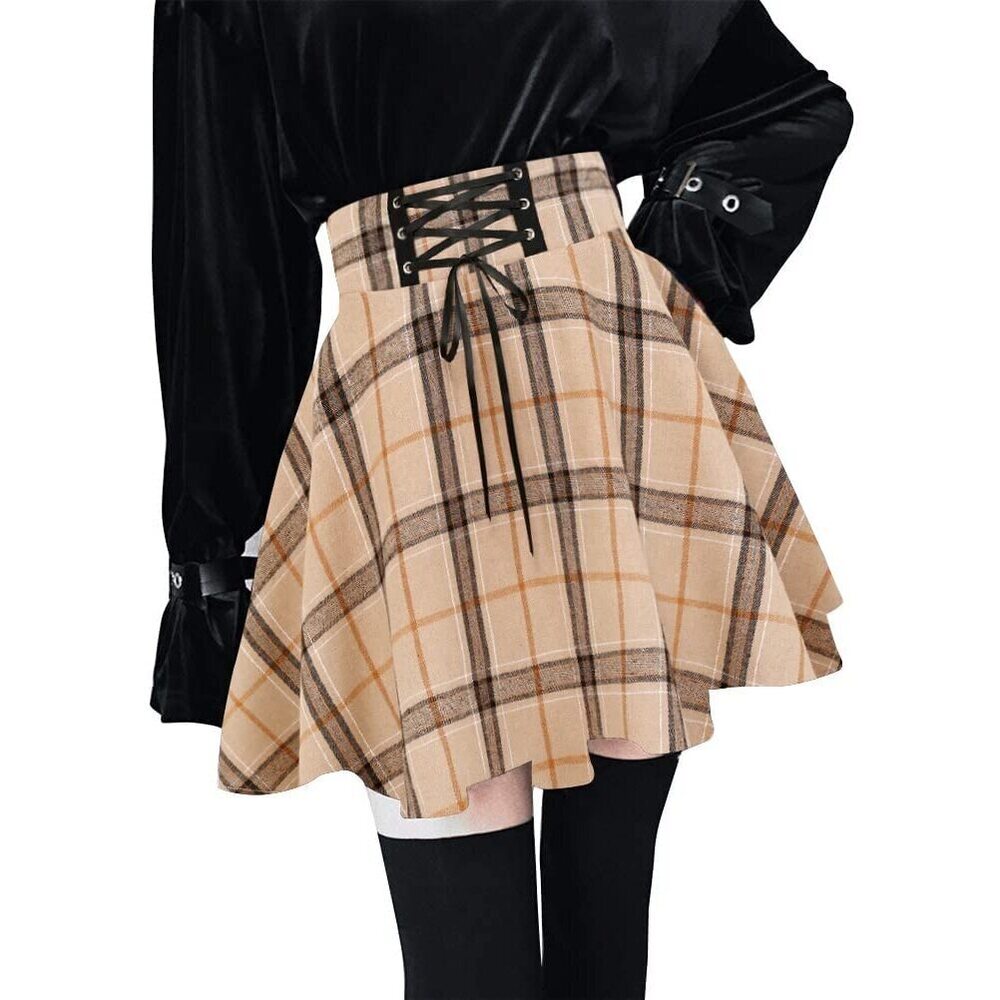 9345 High Waisted Plaid Mini Skirts A Line Pleated Lace Up Short Skirt XXL